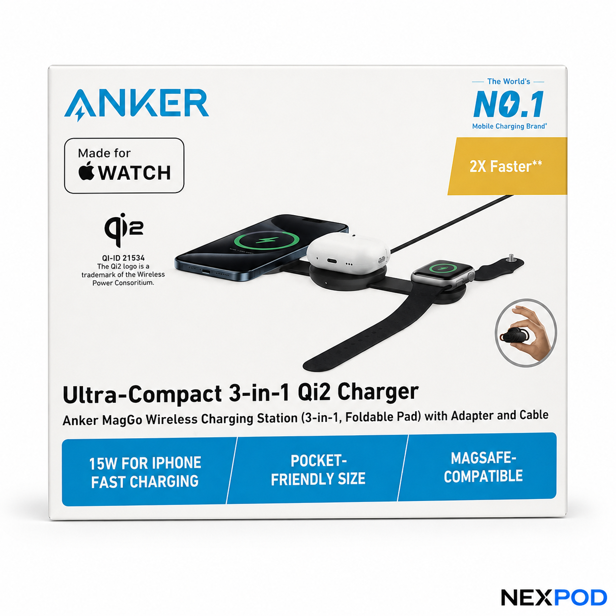 Anker MagGo Wireless Charging Station (3-in-1, Foldable Pad)
